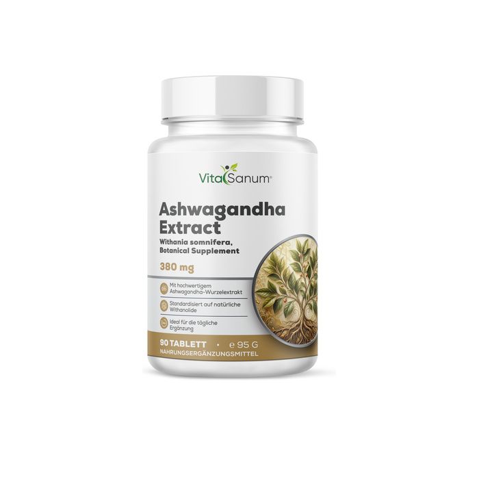 Bouteille VitaSanum Ashwagandha Extract, 90 comprimés, 95g. Contient 380mg d'extrait d'Ashwagandha.