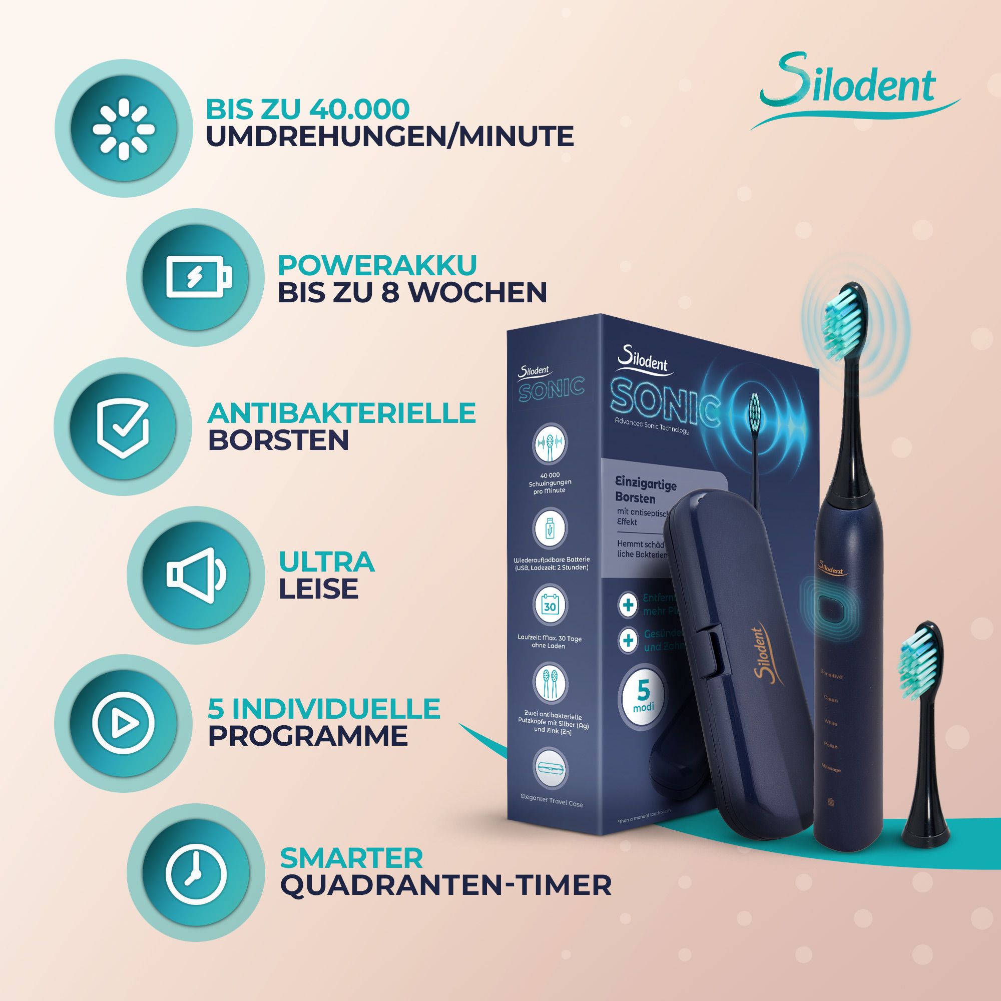 Brosse à dents sonique Silodent Bleu Nuit: 40.000 tr/min, batterie 8 semaines, poils antibactériens, 5 programmes.