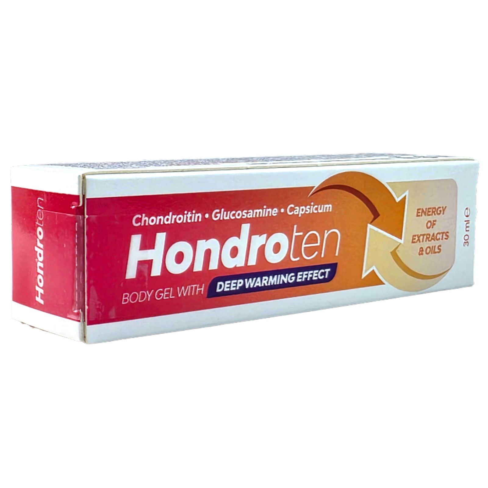Boîte Hondroten. Ingrédients : chondroïtine, glucosamine, capsicum. Design orange et blanc. Texte "Deep warming effect".