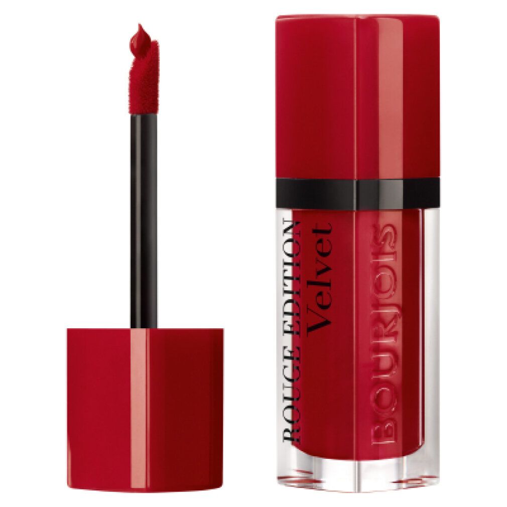 Rode lipstick met open applicator. Zwarte applicator. Rode dop. Tekst: "ROUGE EDITION Velvet" en "BOURJOIS".