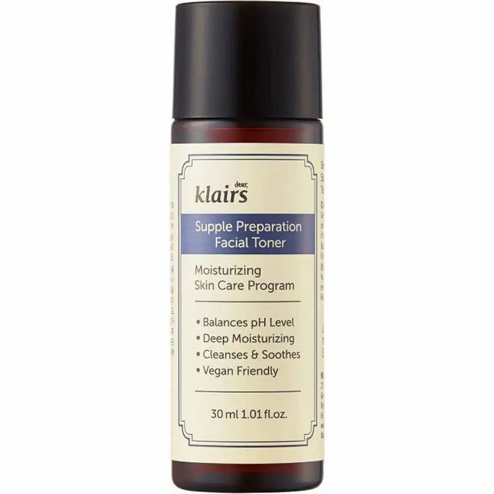 Flacon marron avec bouchon noir. Inscription : Supple Preparation Facial Toner. 30 ml.