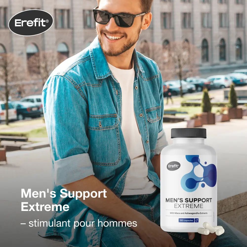Homme en veste en jean et lunettes de soleil. Flacon Men's Support Extreme. Marque: Erefit.