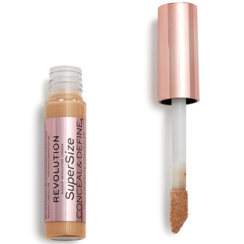 Flacon de correcteur avec bouchon et applicateur or rose. Inscription : Super Size Conceal & Define.