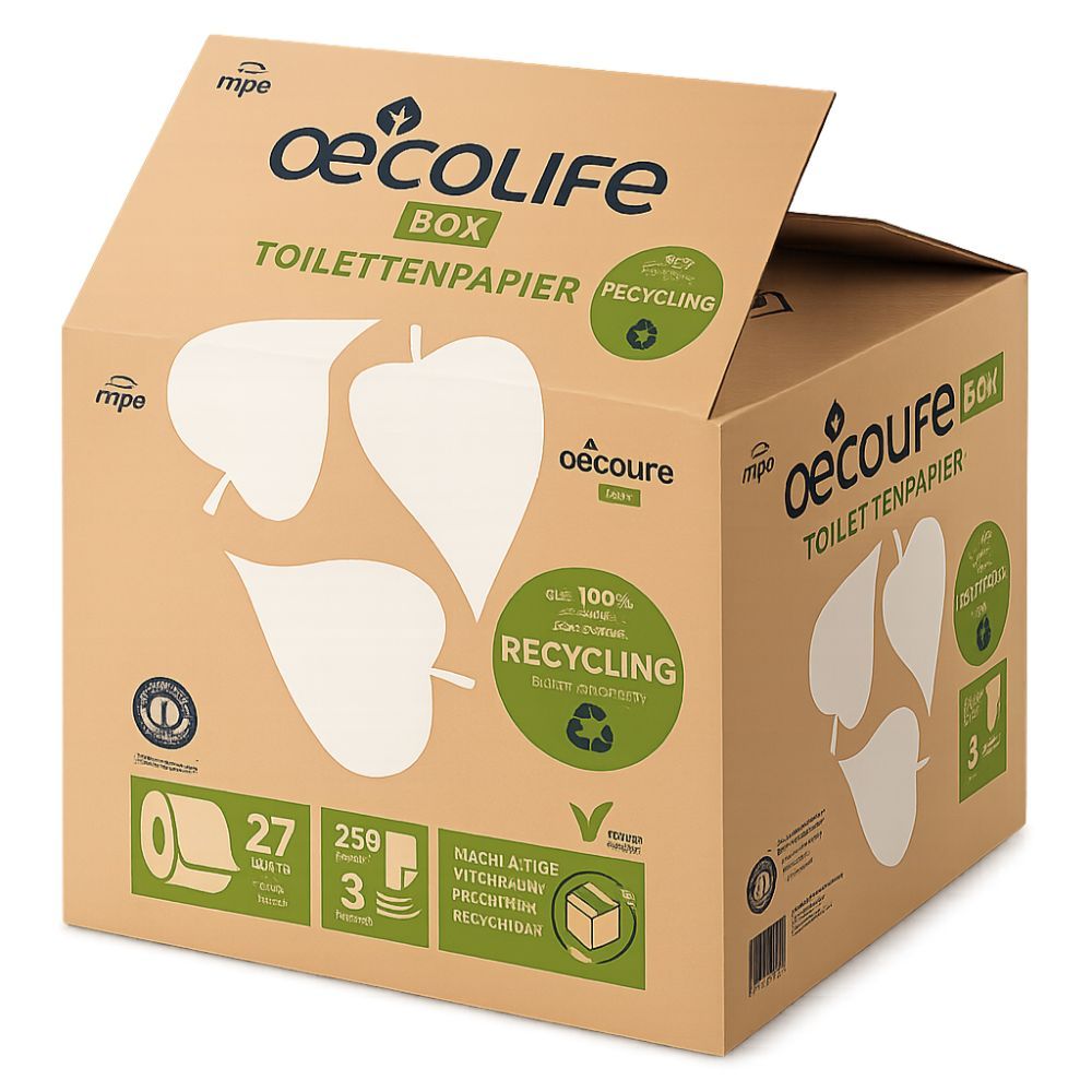 Kartonnen doos met oecolife-logo en tekst. Bevat toiletpapier. Recycling-aanduiding en bladillustraties.