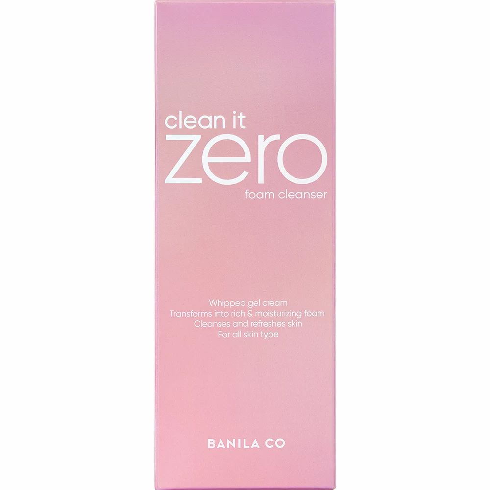 Emballage rose avec texte blanc "clean it zero foam cleanser". Texte: Whipped gel cream. Logo BANILA CO.
