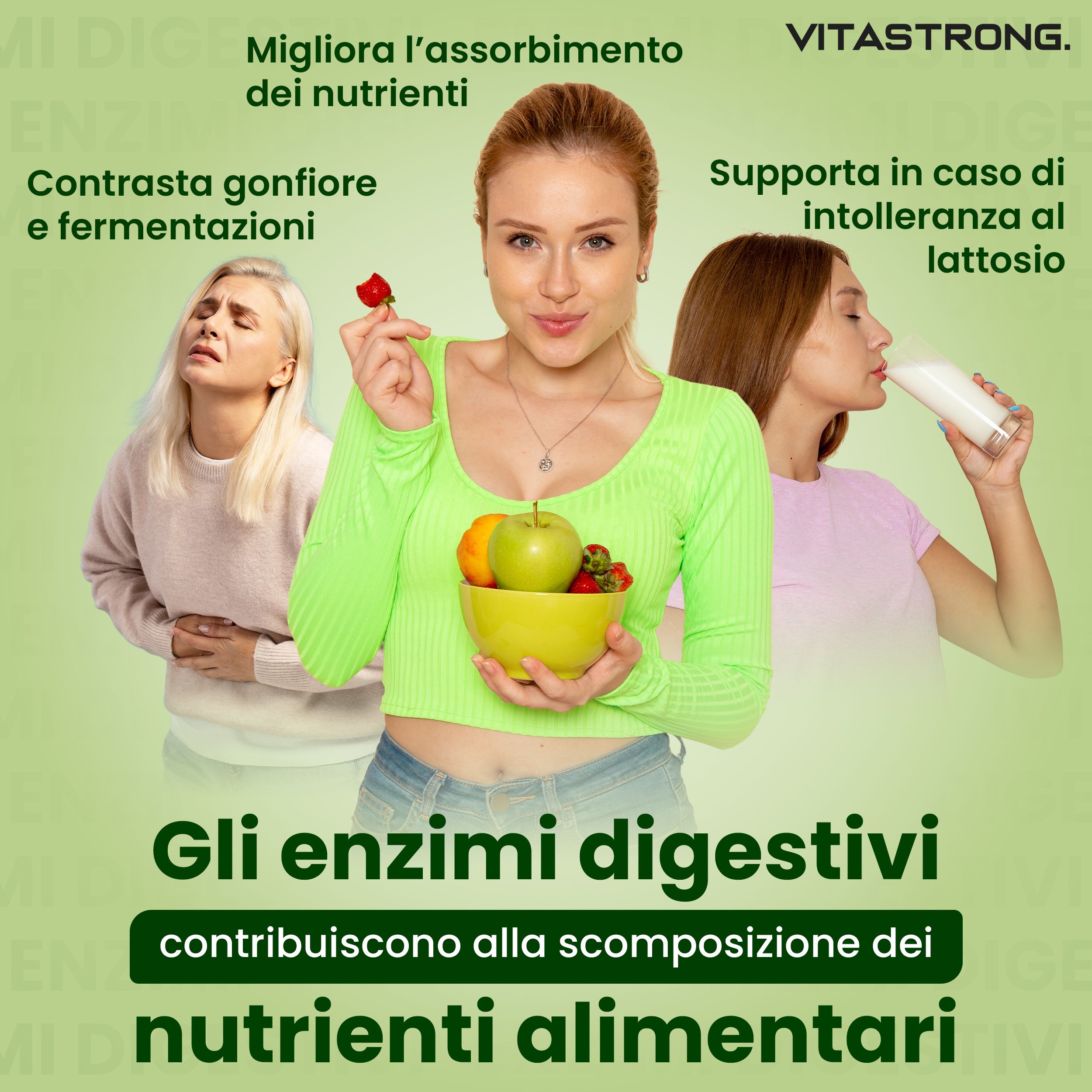 Vitastrong Enzimi Digestivi. Verpakking met 60 tabletten. Helpt bij nutriëntenopname en lactose-intolerantie.