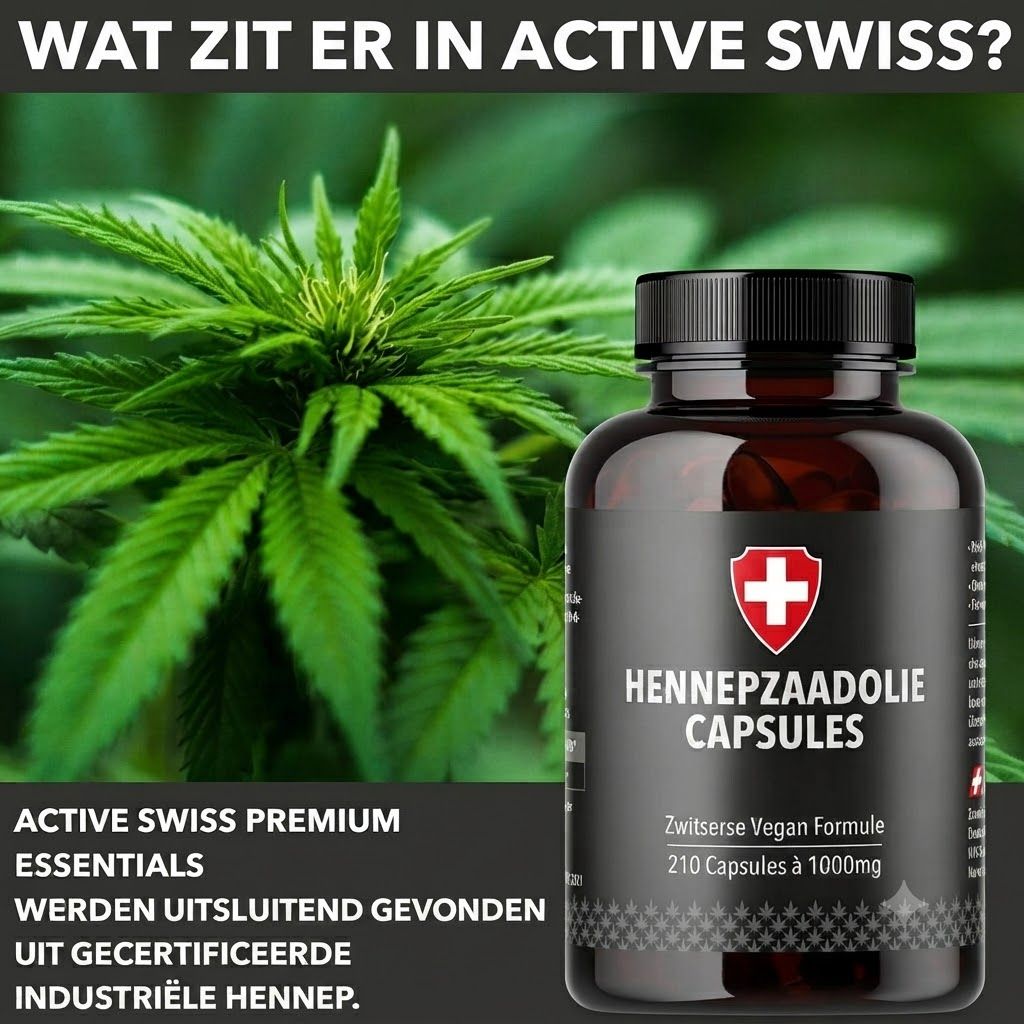 Bruine fles met hennepzaadolie capsules, rood kruis symbool, 210 capsules à 1000mg.
