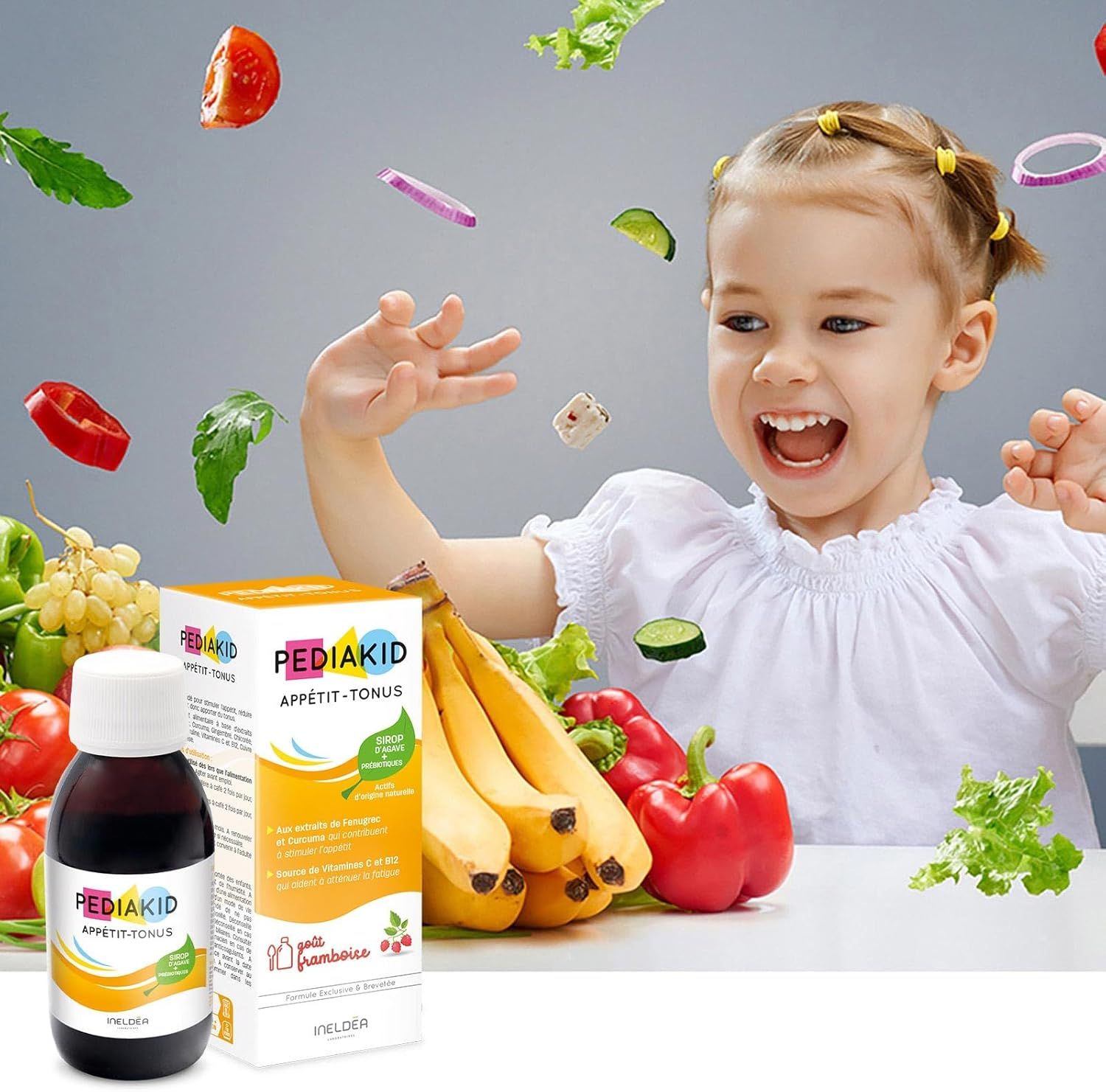 Kind gooit met groenten, ernaast PEDIAKID® Appetit-Tonus fles en doos.