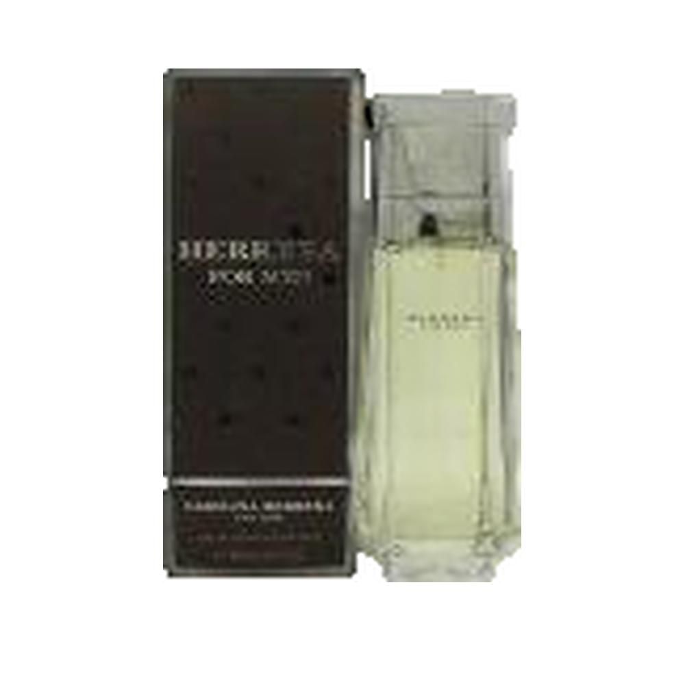 Parfumfles en verpakking. Rechthoekige, transparante fles. Bruine verpakking met witte tekst: HERRERA FOR MEN.