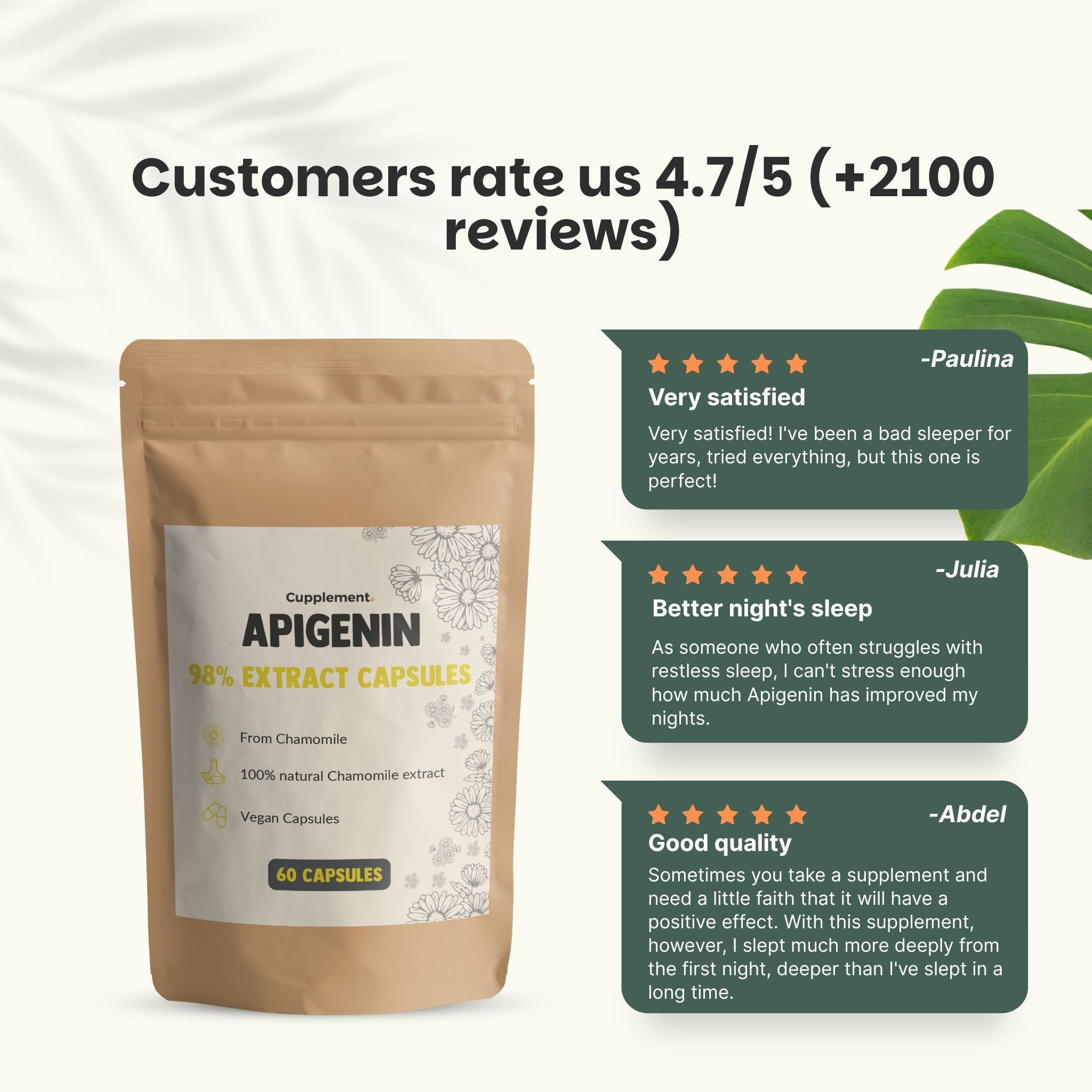 Sachet de gélules. Texte : Gélules d'extrait d'apigénine 98%. 60 gélules. Évaluation client 4,7/5. Citations de clients.