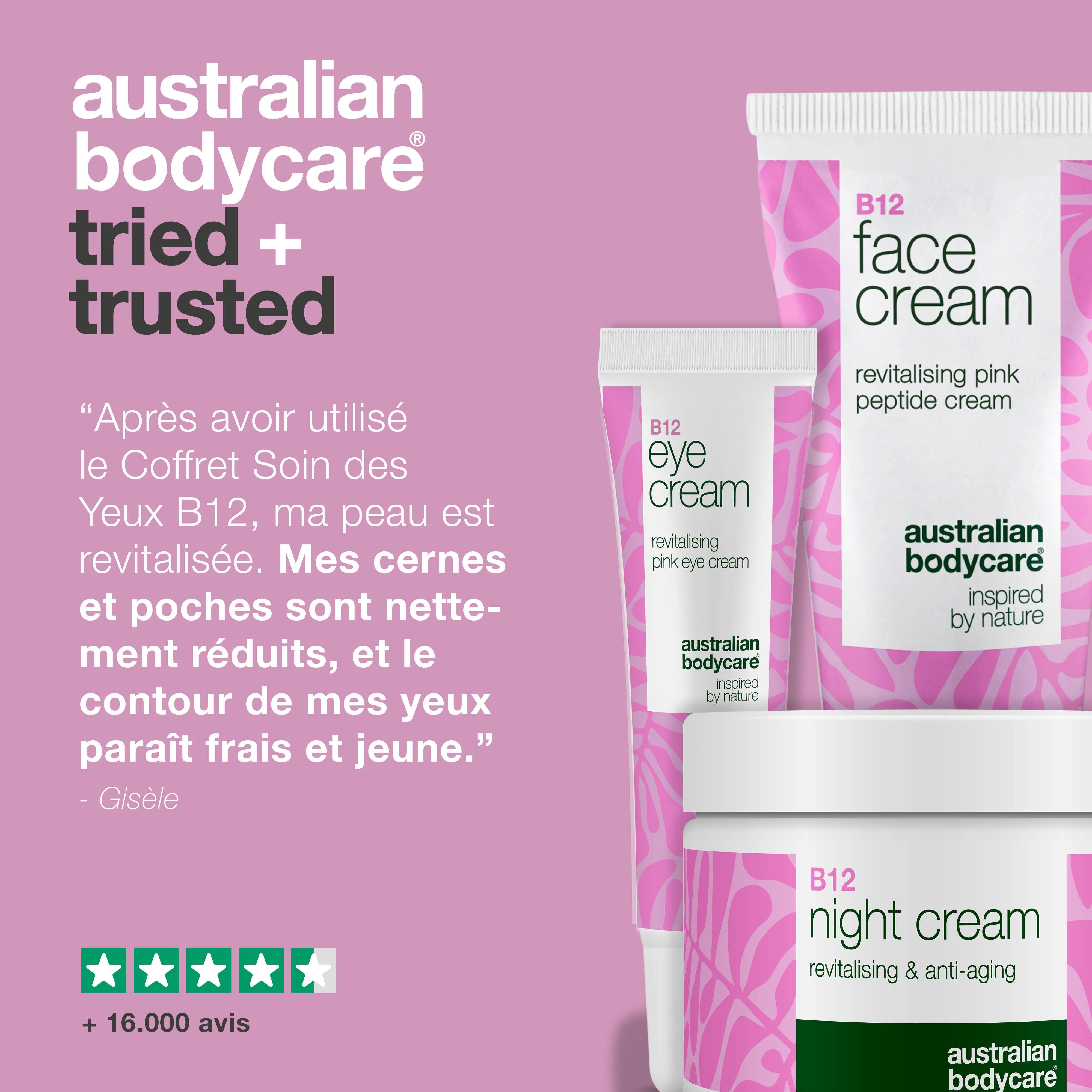 Trois produits cosmétiques : crème pour les yeux, crème pour le visage et crème de nuit. Texte : Australian Bodycare essayé et approuvé. 5 étoiles.