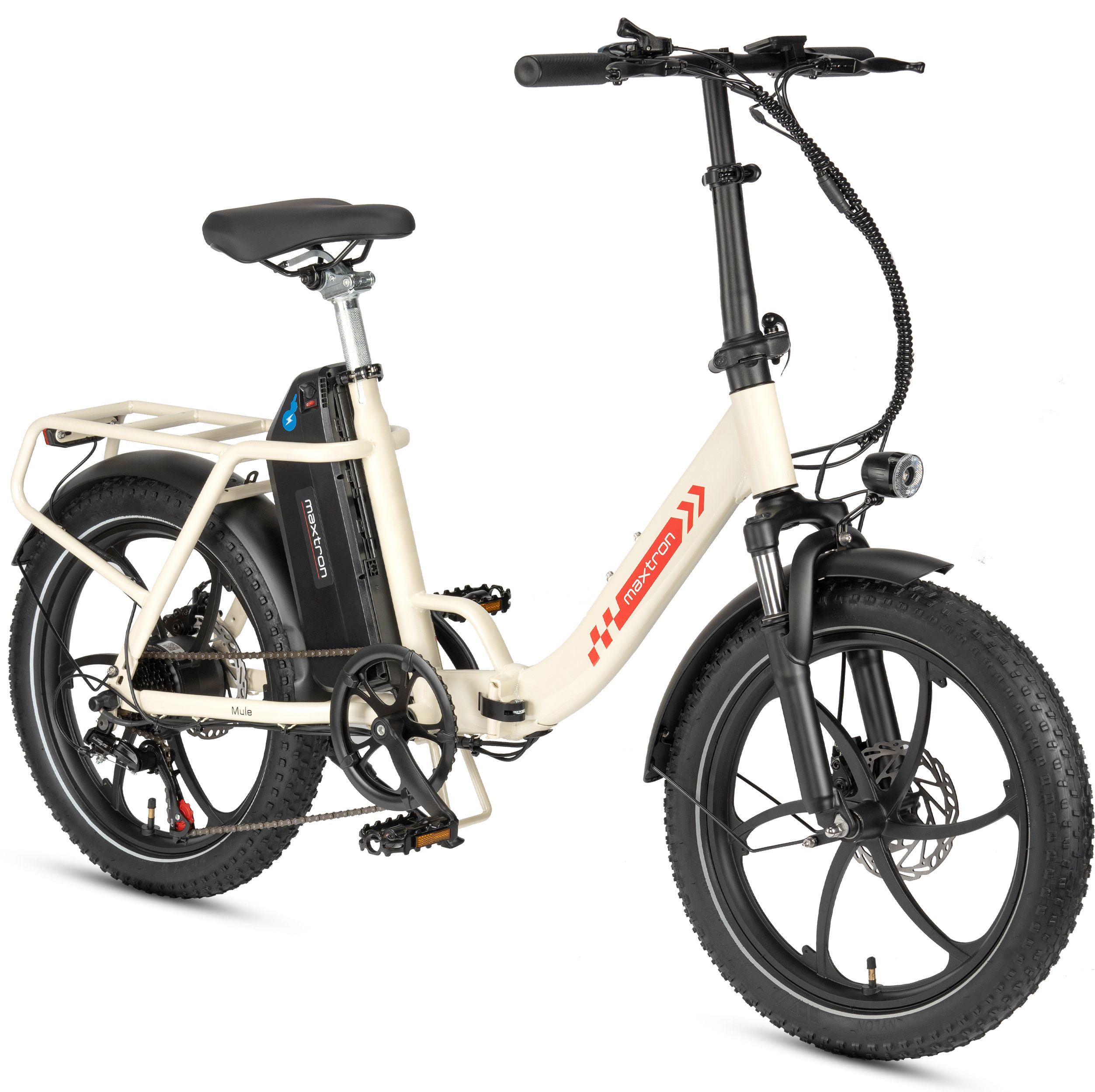 Vélo électrique pliant crème, pneus noirs, logo Maxtron. Porte-bagages, batterie, phare.