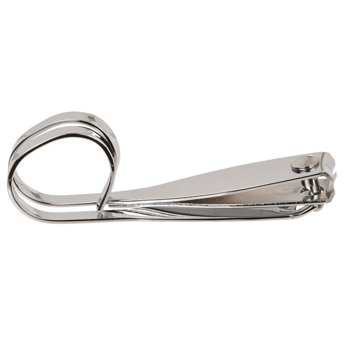 Zilverkleurige nagelknipper met twee handgrepen en een gebogen snijkant.