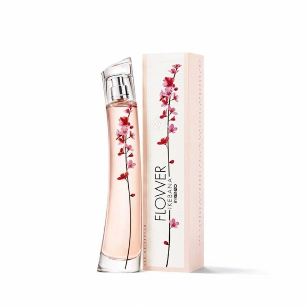 Parfumfles en verpakking. Fles met roze bloemenpatroon. Opschrift: Flower Ikebana by Kenzo.