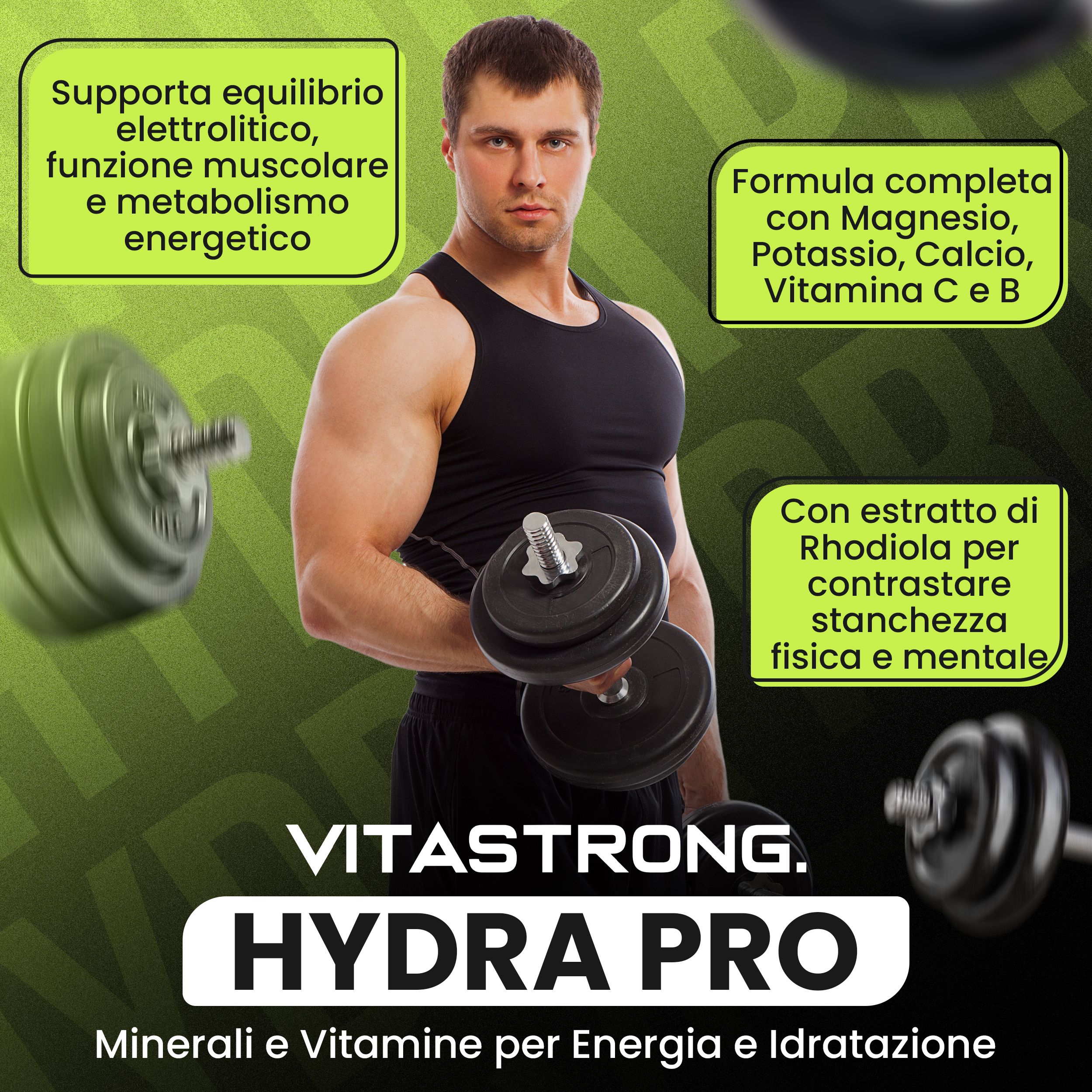 Man met halters. Tekst: "HYDRA PRO", mineralen en vitaminen. Vitastrong.