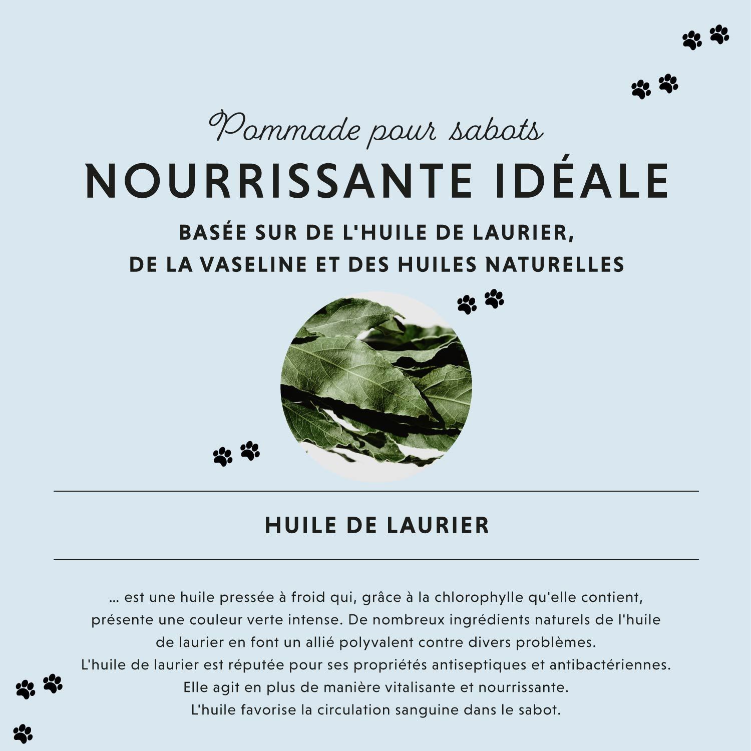 Texte : Pommade nourrissante à base d'huile de laurier, de vaseline et d'huiles naturelles. Illustration de feuilles de laurier.