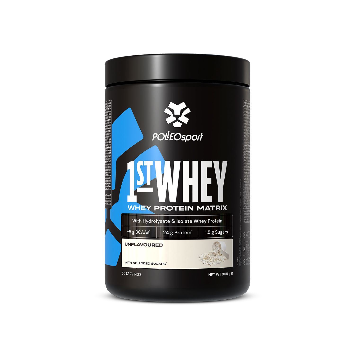 Pot noir avec accent bleu. Inscription: 1ST:WHEY, Whey Protein Matrix. Contient 5g BCAA, 24g protéines, 1.5g sucre. Marque: PolleoSport.