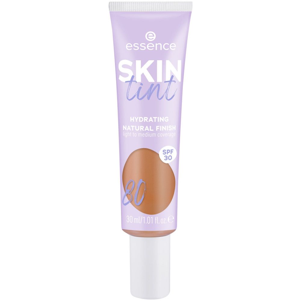 Tube de fond de teint Essence Skin Tint, teinte 20. Hydratant, fini naturel, SPF 30. Texture brun clair.