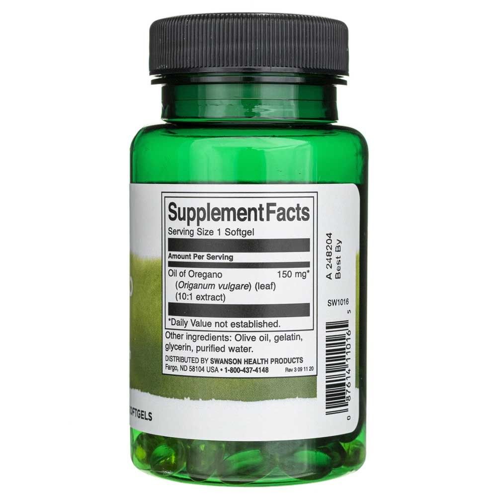 Dos de la bouteille d'huile d'origan Swanson avec informations nutritionnelles et ingrédients.