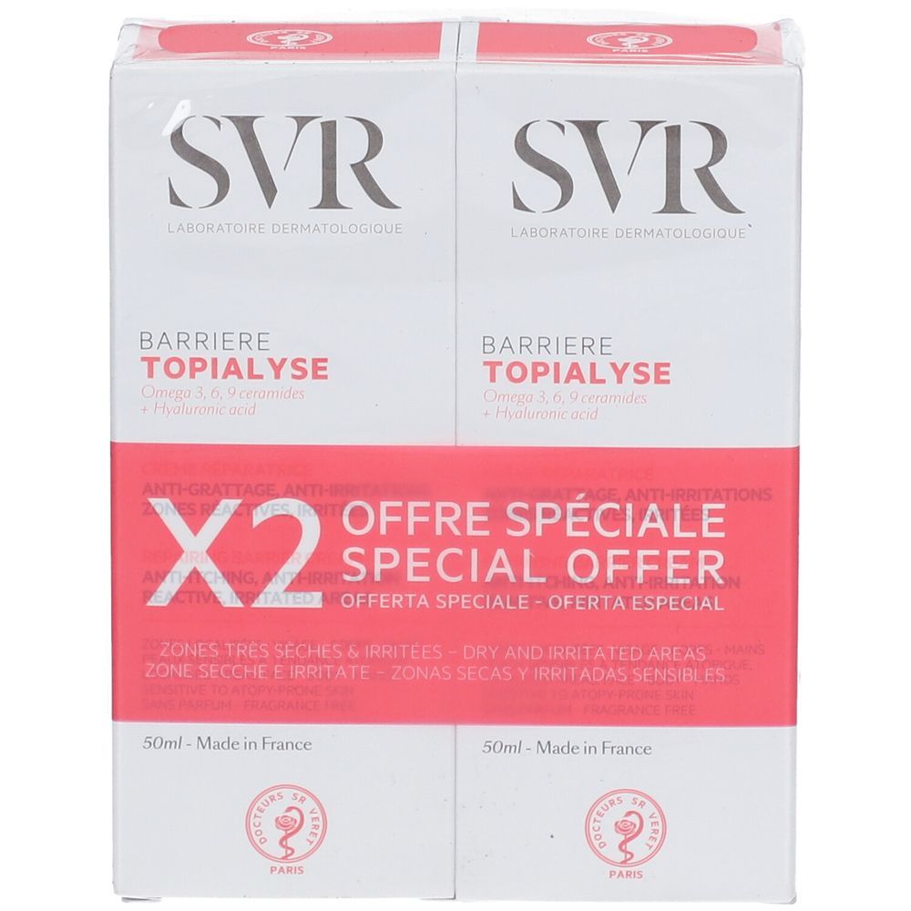 SVR Barrière Topialyse duopack. Vooraanzicht. Witte en rode verpakking. Productnaam en logo. "X2" en "Offre Spéciale" duidelijk zichtbaar.