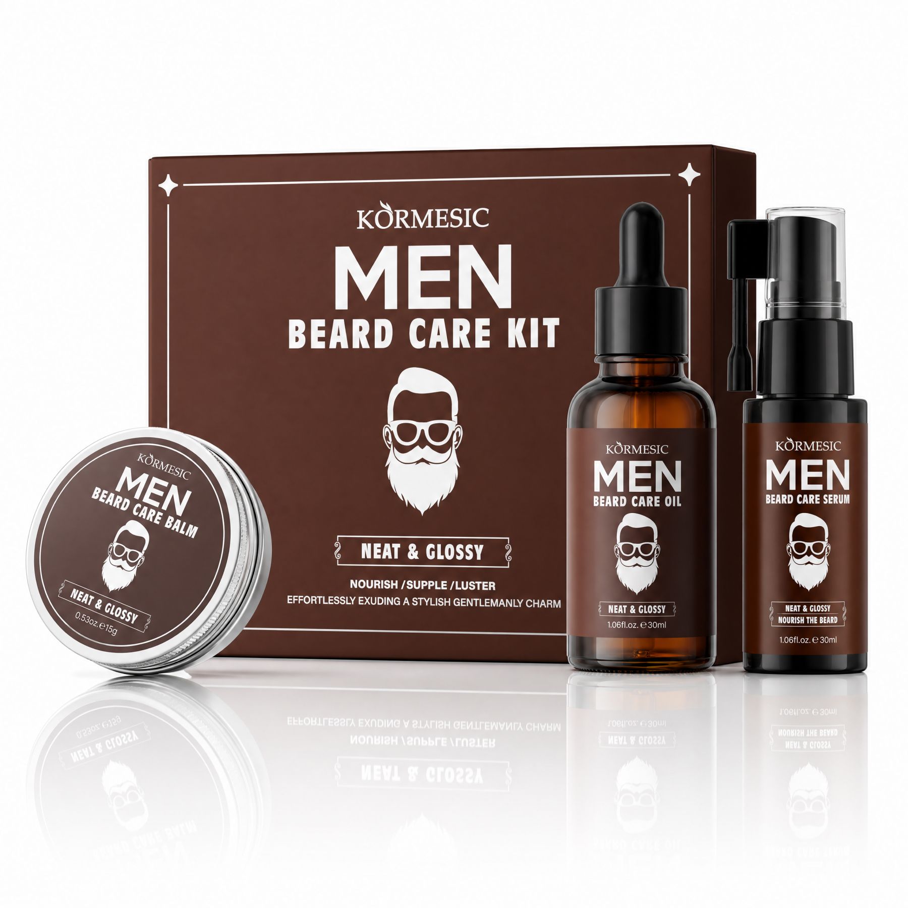 Kit de soins pour hommes Kormesic avec huile à barbe, sérum à barbe et baume à barbe dans un emballage marron.
