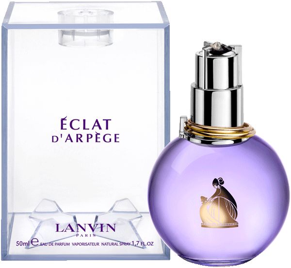 Flacon de parfum rond et violet avec vaporisateur argenté et détails dorés. Boîte avec nom du produit.
