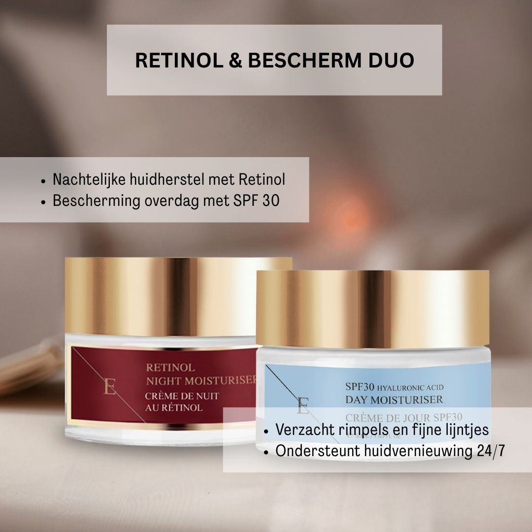 Twee crèmepotten, nachtcrème met retinol en dagcrème met SPF 30. Tekst: Retinol & Bescherm Duo. Nachtelijk huidherstel, bescherming overdag.