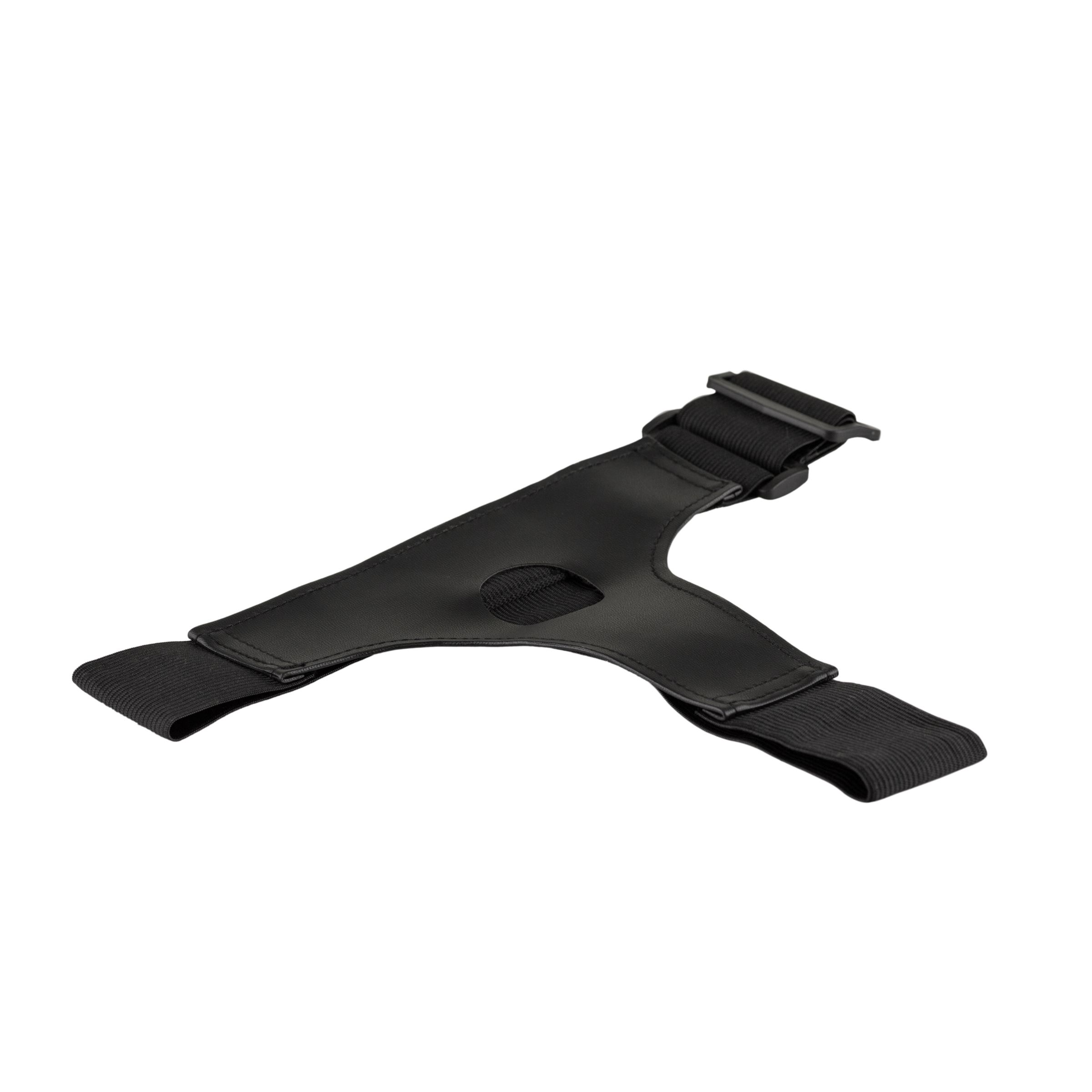 Accessoire intime noir avec deux sangles et un trou central. Bandes élastiques et fermeture réglable.