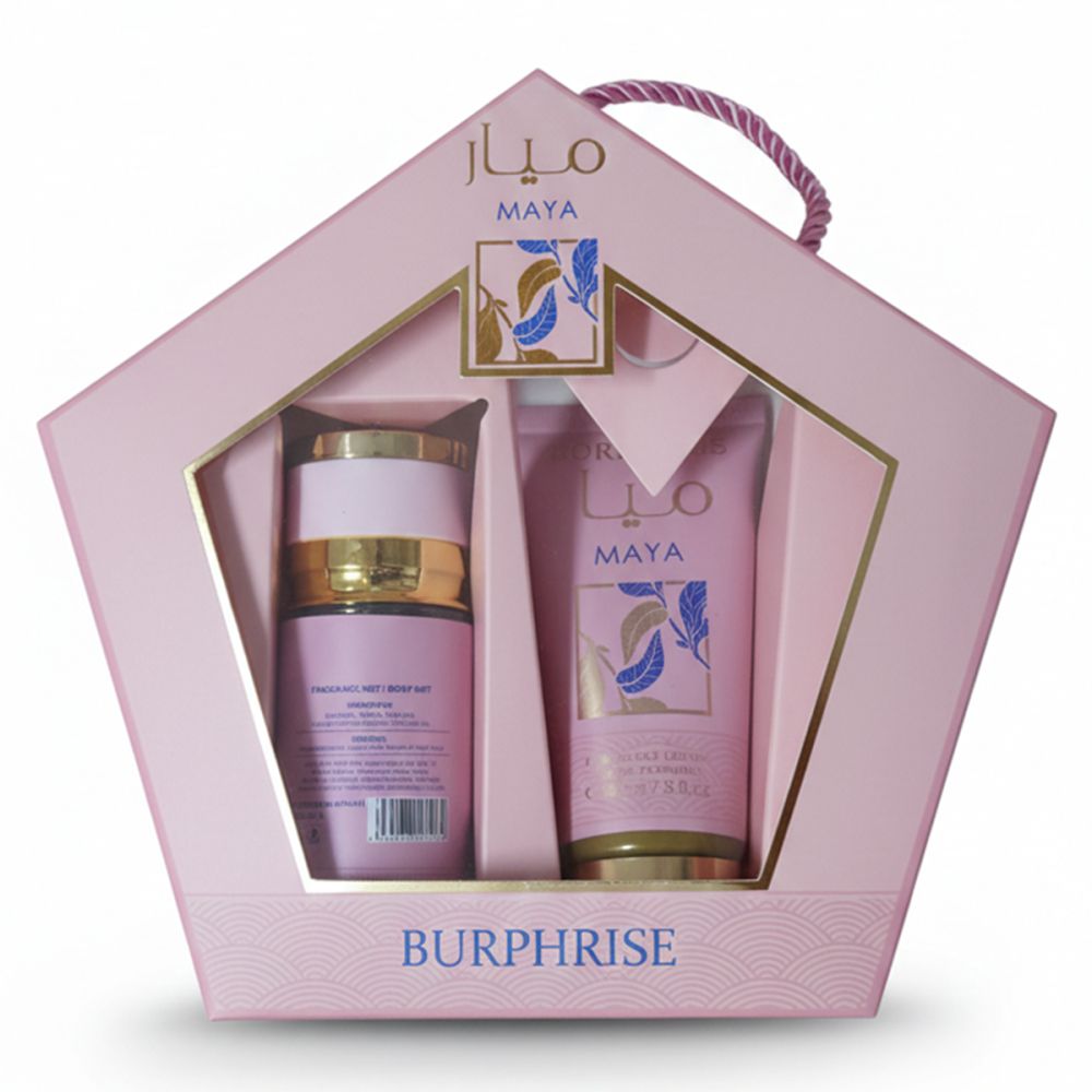 Roze geschenkverpakking met fles en tube. Gouden details. Opschrift: Burphrise, Maya. Handvat van touw.