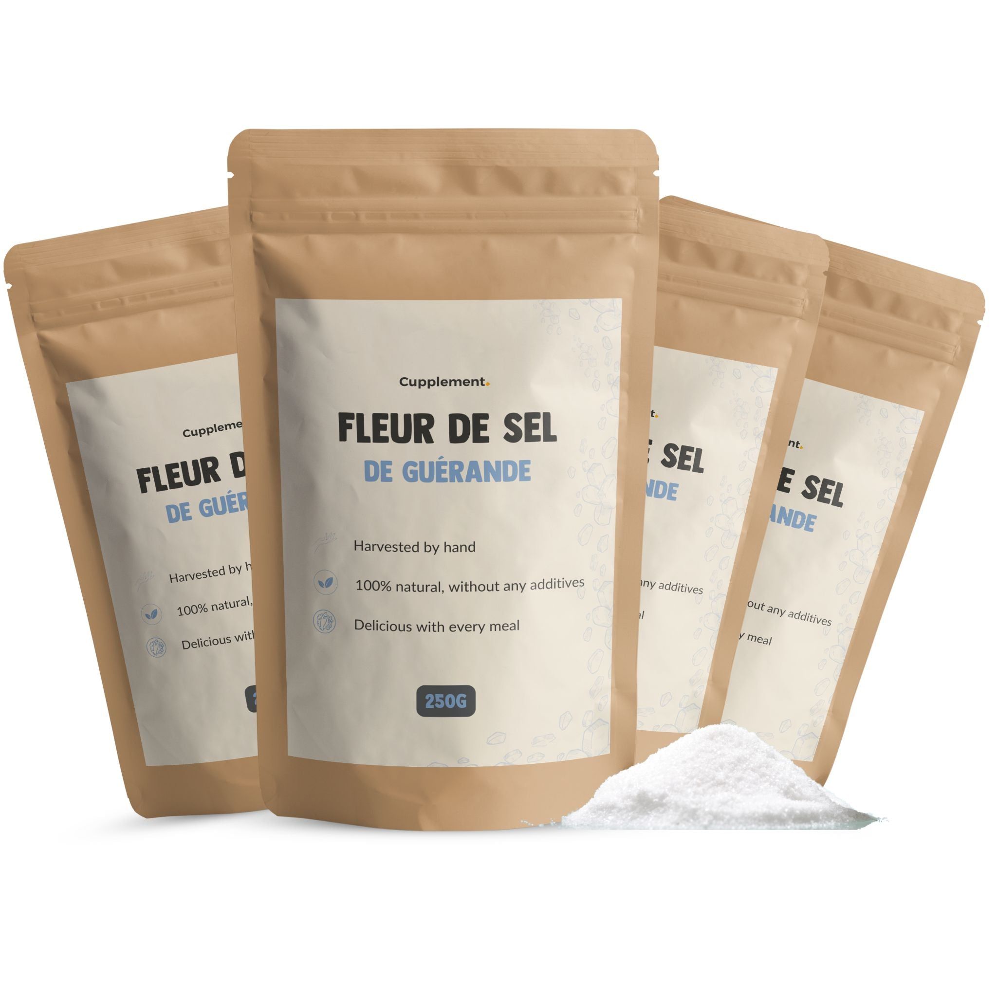 Plusieurs sachets de Fleur de Sel de Guérande. Inscription : 100% naturel, sans additifs. 250g.
