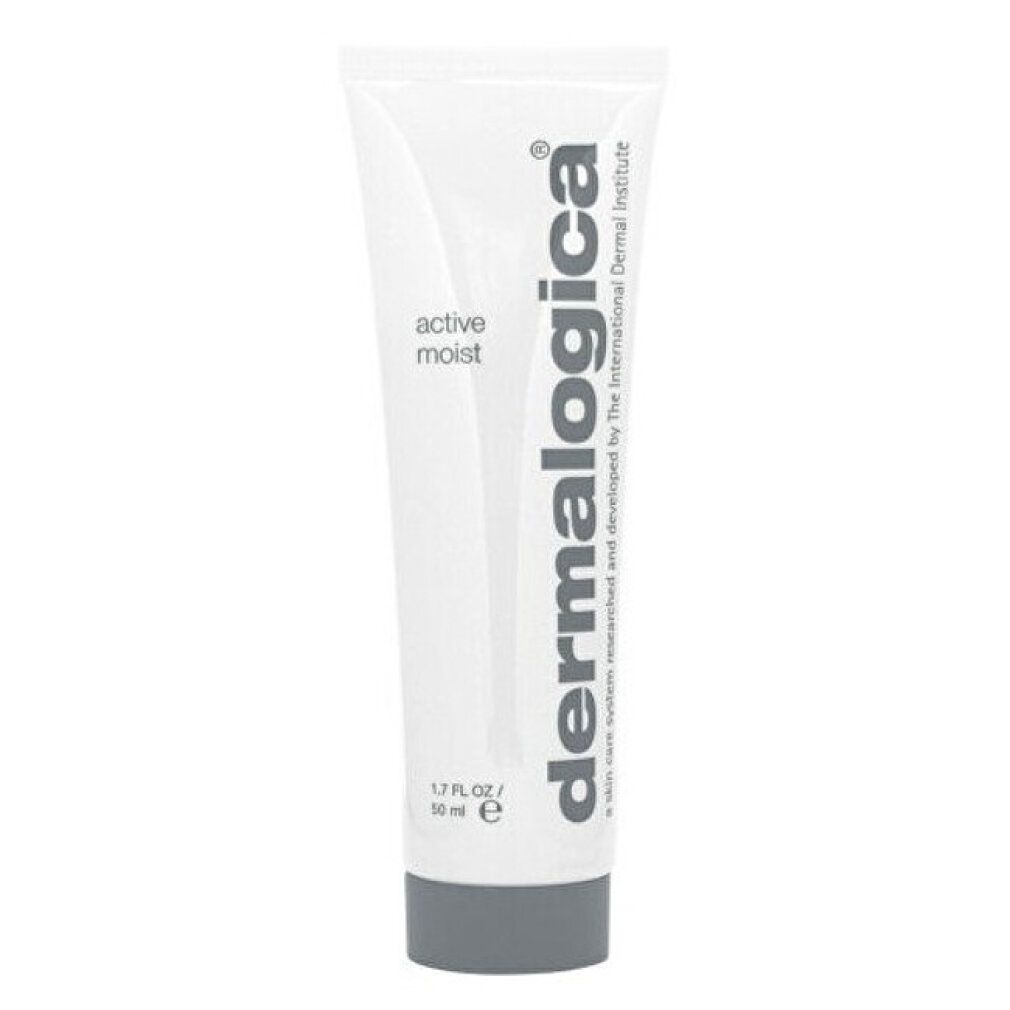 Witte tube met zwarte dop. Opschrift "active moist" en "dermalogica". 1.7 US FL OZ / 50 ml.