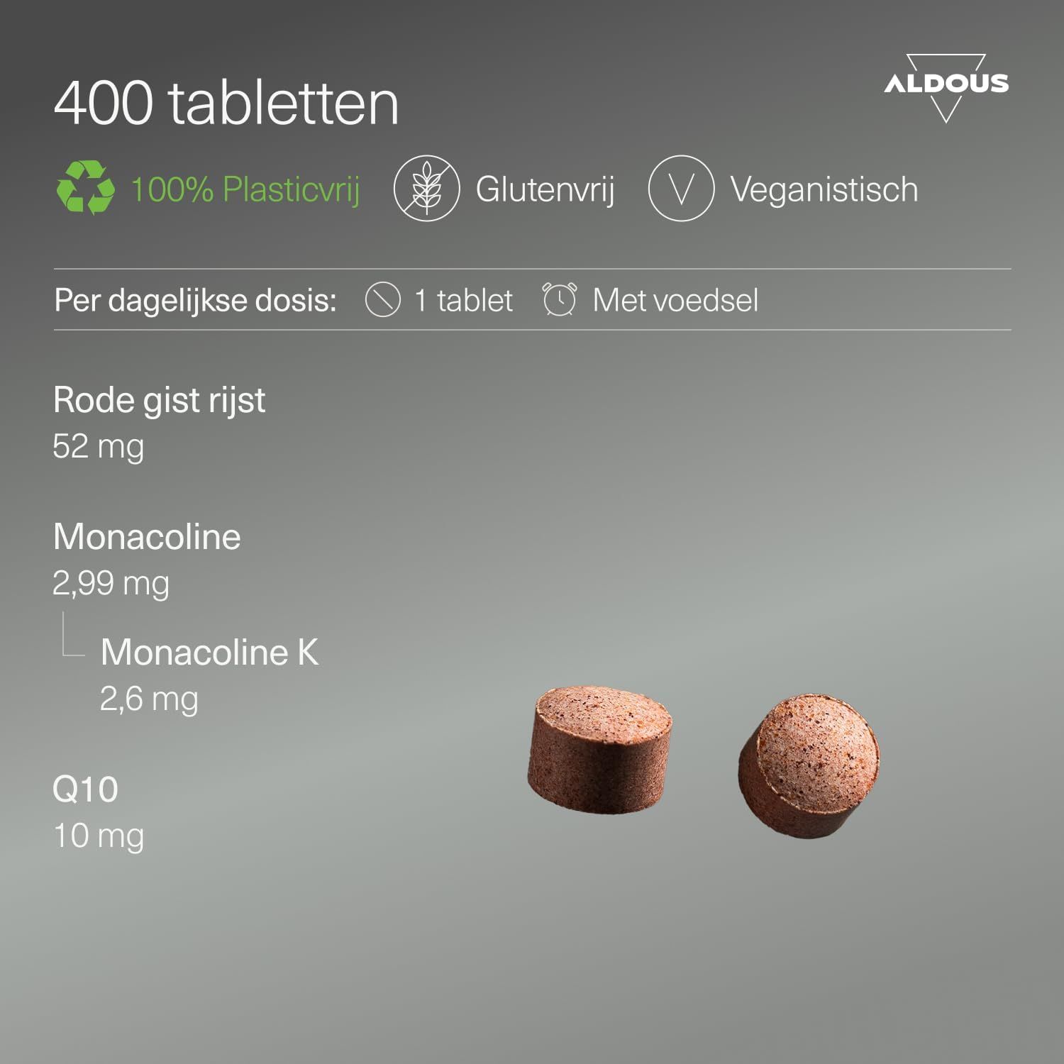 400 tabletten, 100% plasticvrij, glutenvrij, veganistisch. Bevat rode gist, monacoline K en Q10.