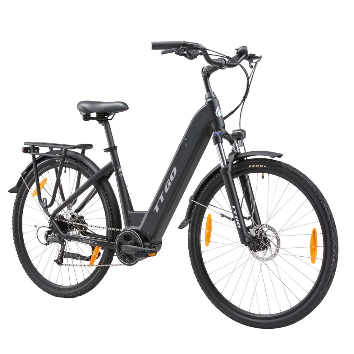 Vélo électrique noir avec porte-bagages, garde-boue et logo TTGO. Pneus Kenda et réflecteurs orange.