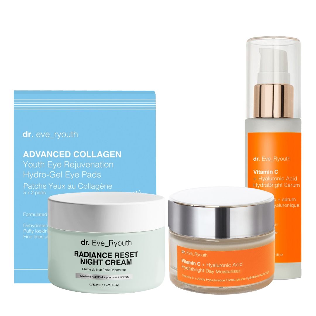 Dr. Eve_Ryouth set. Nachtcrème, serum en oogpads. Blauwe, groene en oranje verpakkingen. Producten met tekst.