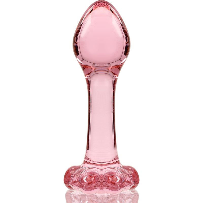 Plug anal en verre rose avec pointe en forme de goutte et base décorée.