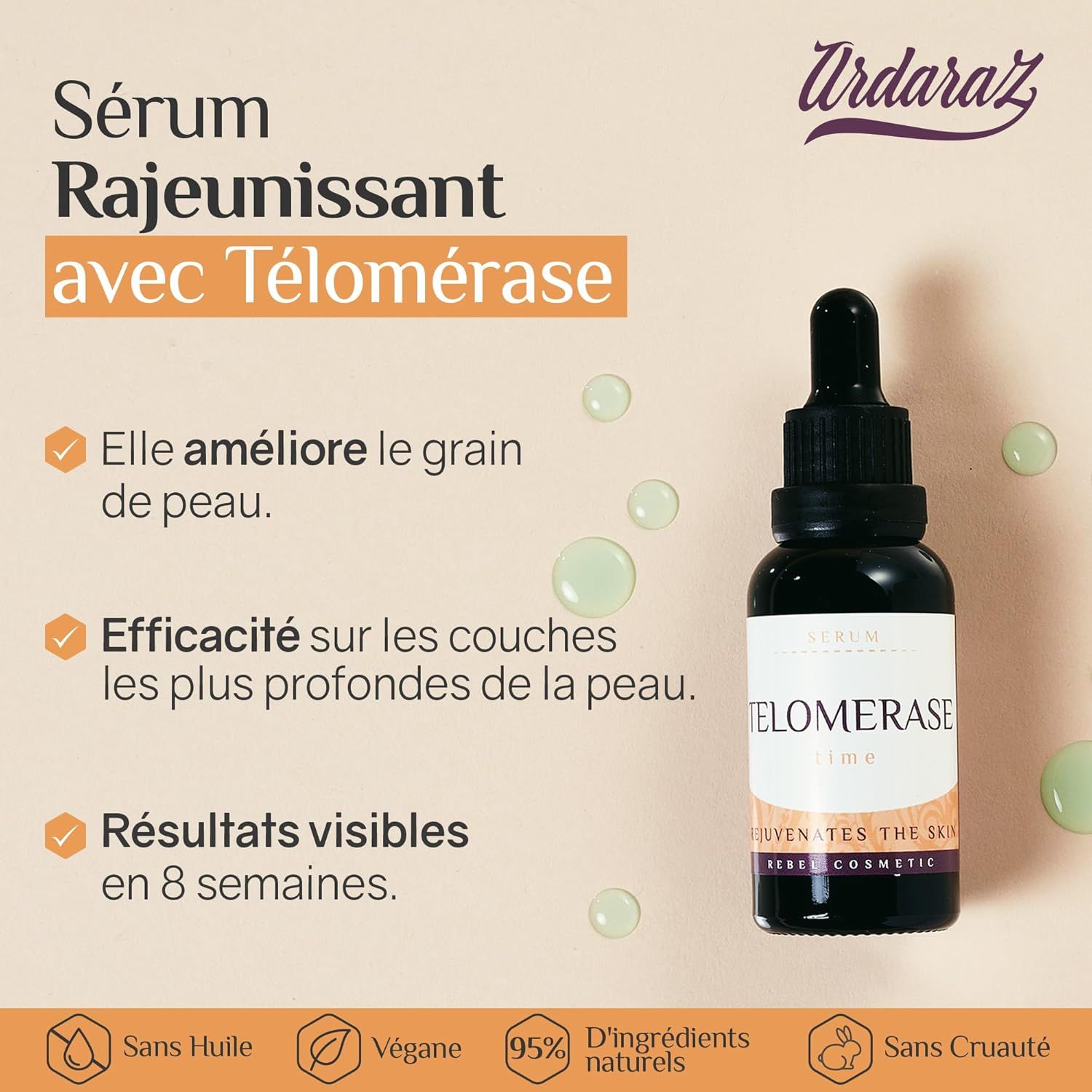 Flacon en verre foncé avec compte-gouttes, étiquette 'Sérum Rajeunissant avec Télomérase'.
