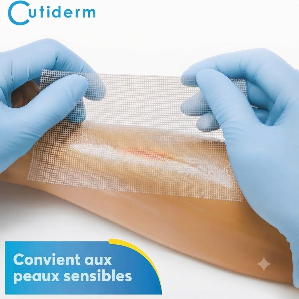Pansement Cutiderm : Un pansement en treillis est tenu par des mains gantées de bleu au-dessus d'une plaie sur un bras.