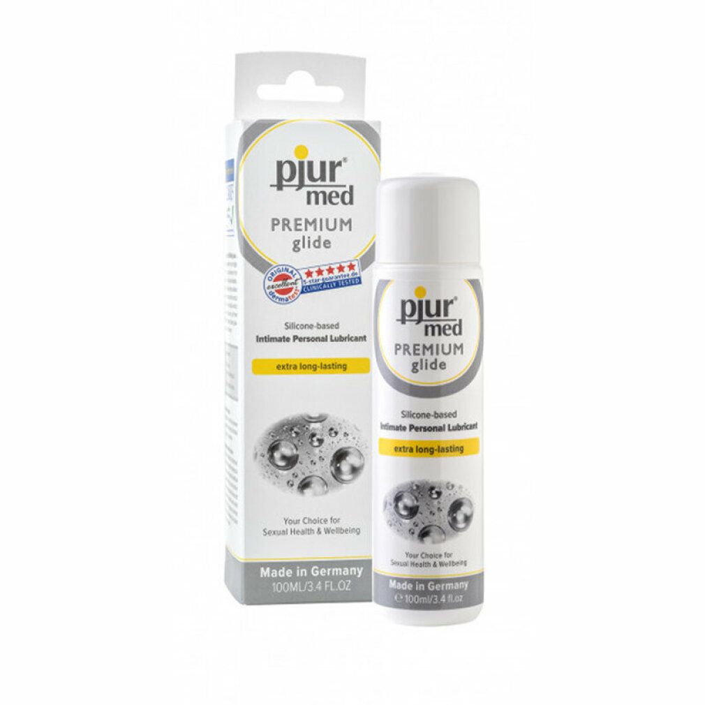 pjur med Premium Glide. Witte tube en verpakking. Opschrift: SILICONE-BASED PERSONAL LUBRICANT. Extra long-lasting. 100ml/3.4 FL.OZ.