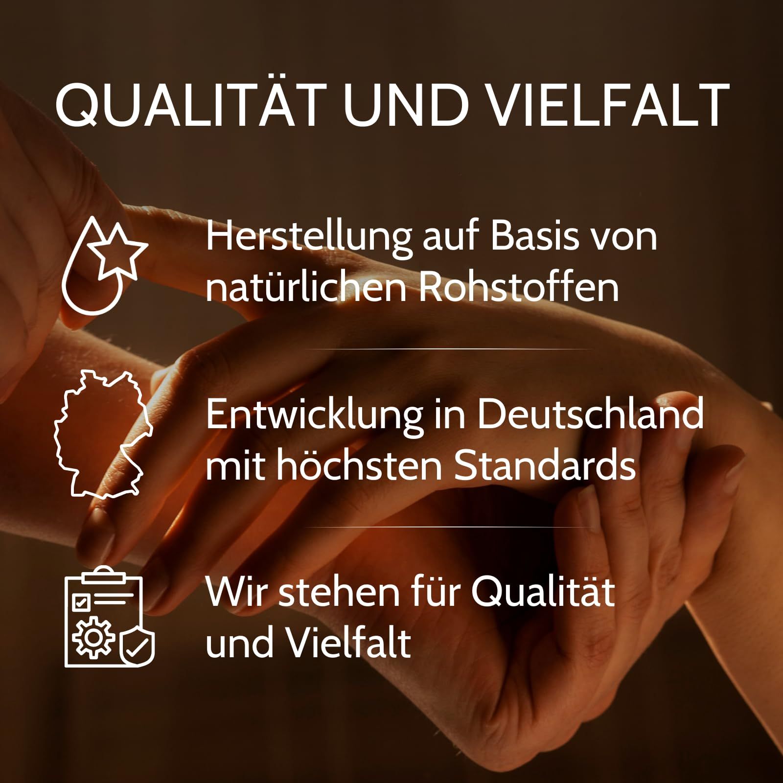 Handen die een rug masseren, met teksten over kwaliteit en productie.