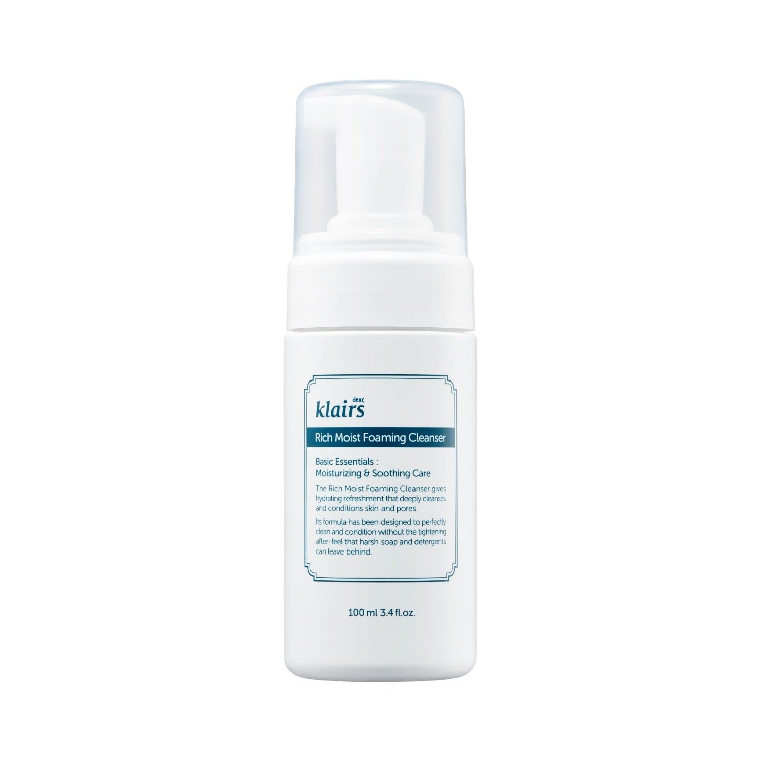 Witte Klairs Rich Moist Foaming Cleanser. Fles met pomp en transparante dop. Blauw etiket met tekst.