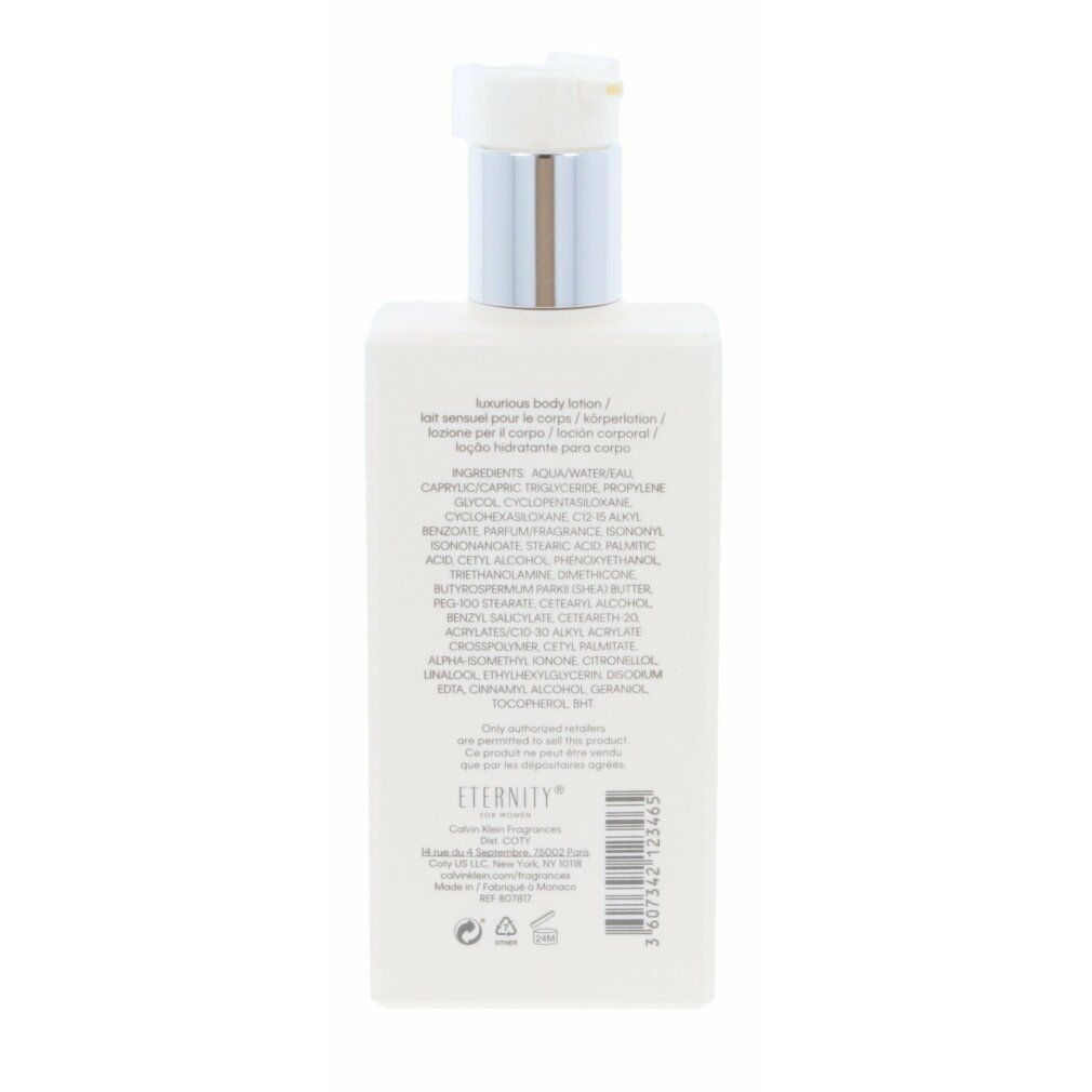 Achterkant van de crèmefles. Opschrift: Eternity, ingrediënten, fabrikantinfo.