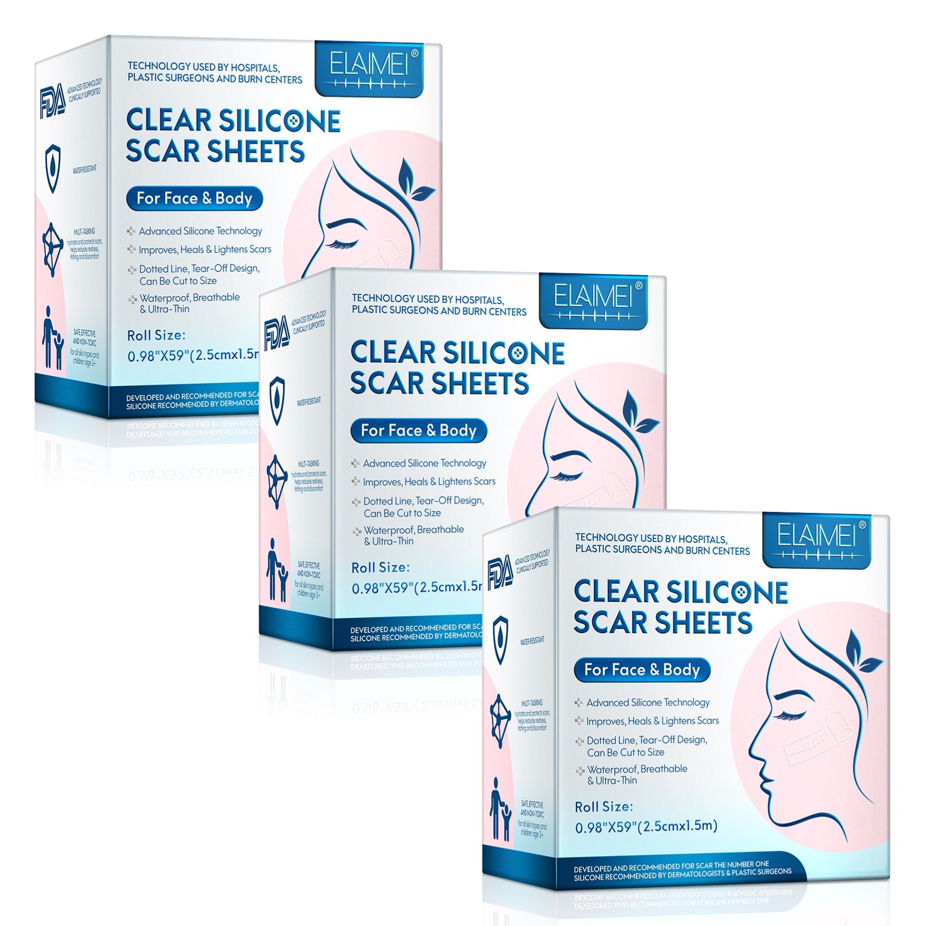 Drie verpakkingen littekenpleisters. Elke verpakking toont het product en de merknaam ELAIMEI. Tekst: Clear Silicone Scar Sheets.