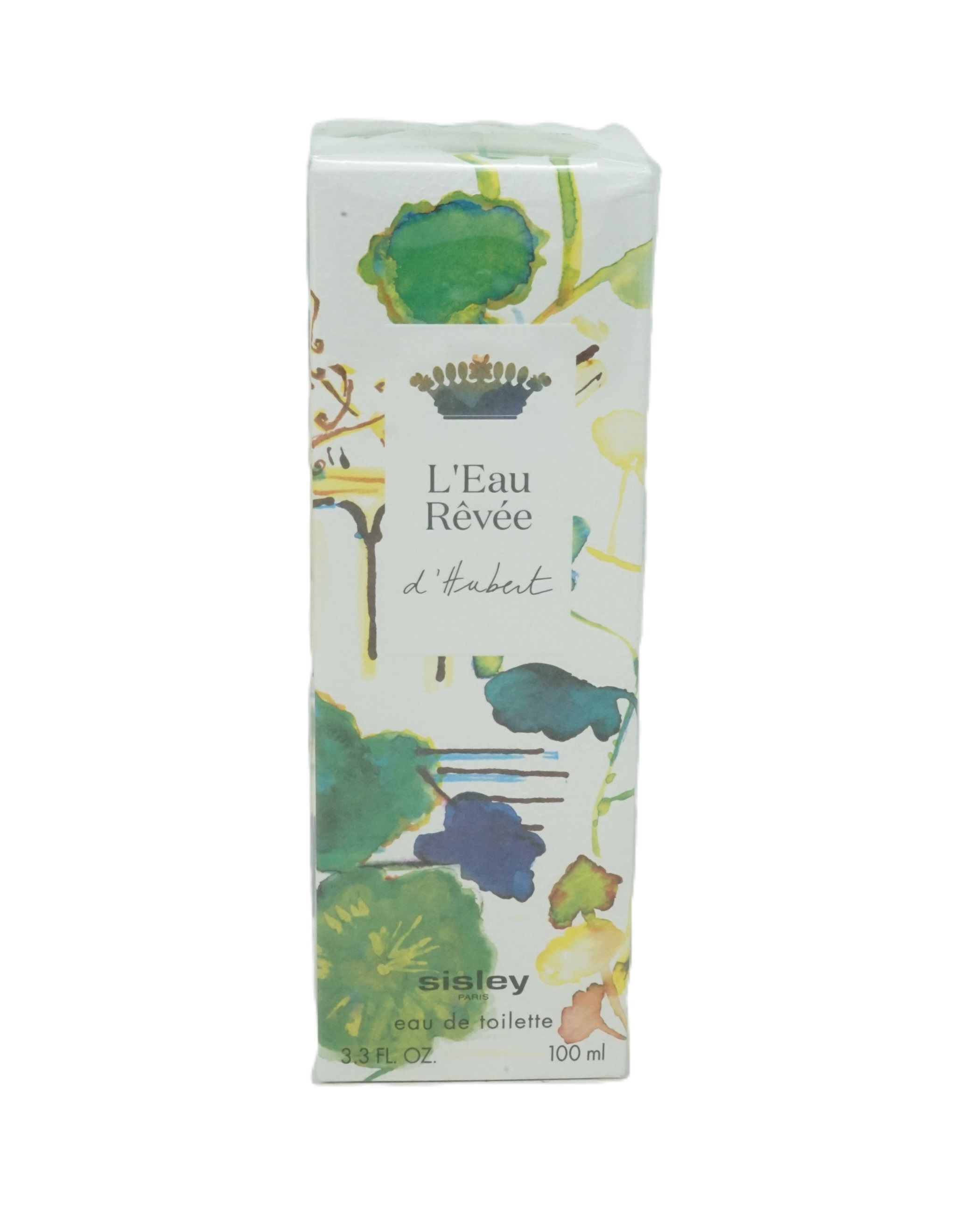 Kartonnen verpakking met bloemenpatroon. Opschrift: L'Eau Rêvée d'Hubert, Sisley eau de toilette, 100 ml.