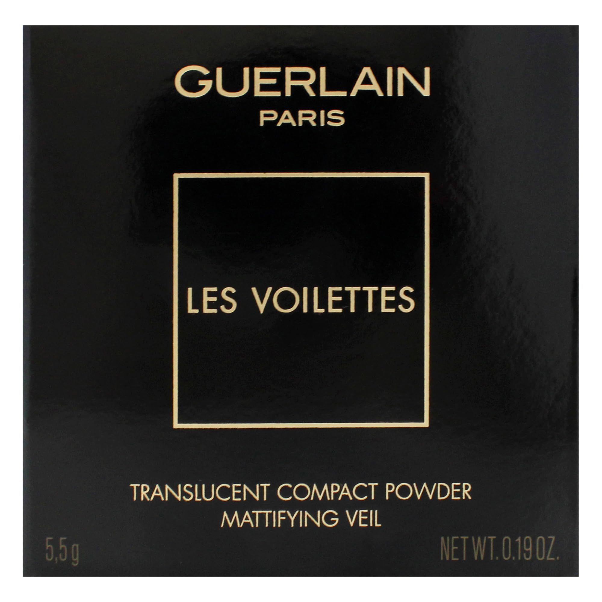 Gros plan sur l'emballage noir. Texte: Guerlain, Les Voilettes, Translucent Compact Powder, Mattifying Veil. Poids: 5.5g, 0.19 oz.