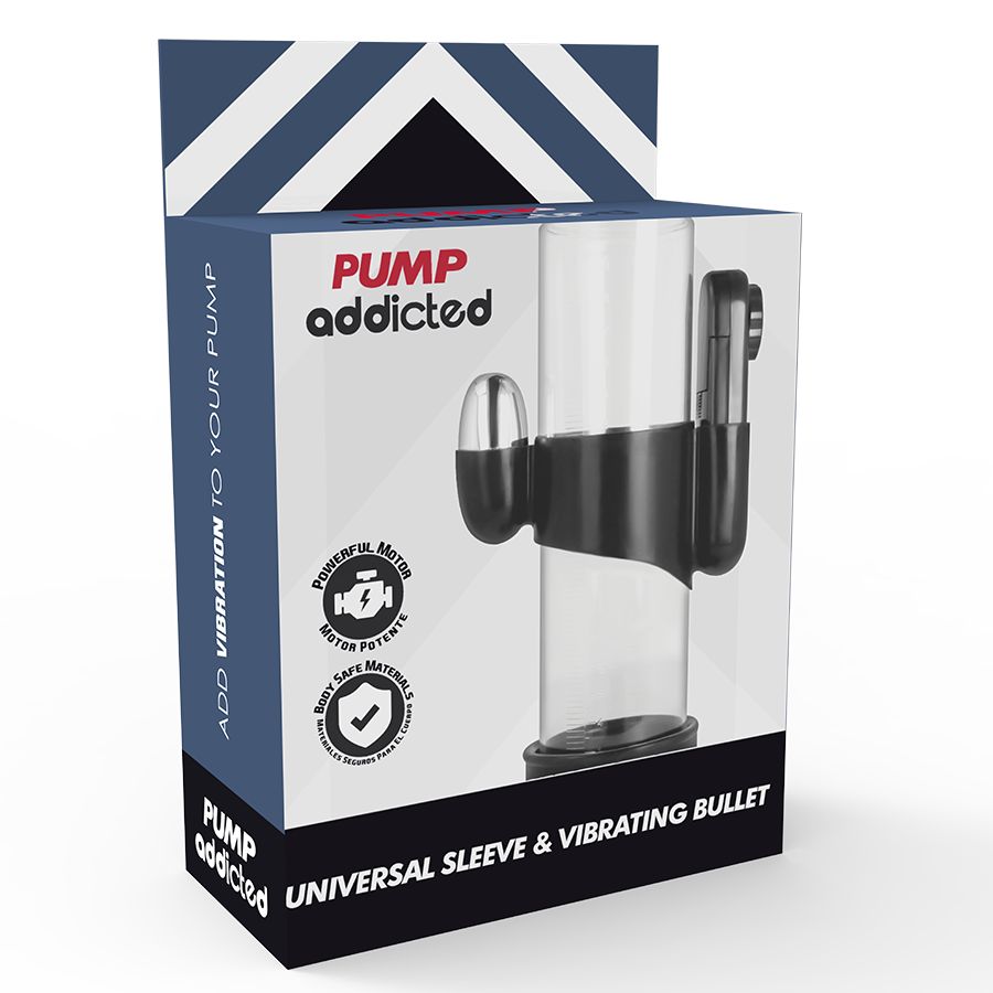 Verpakking van de penis pomp. Opschrift: Pump Addicted, Universal Sleeve & Vibrating Bullet. Afgebeeld: pomp met accessoires.