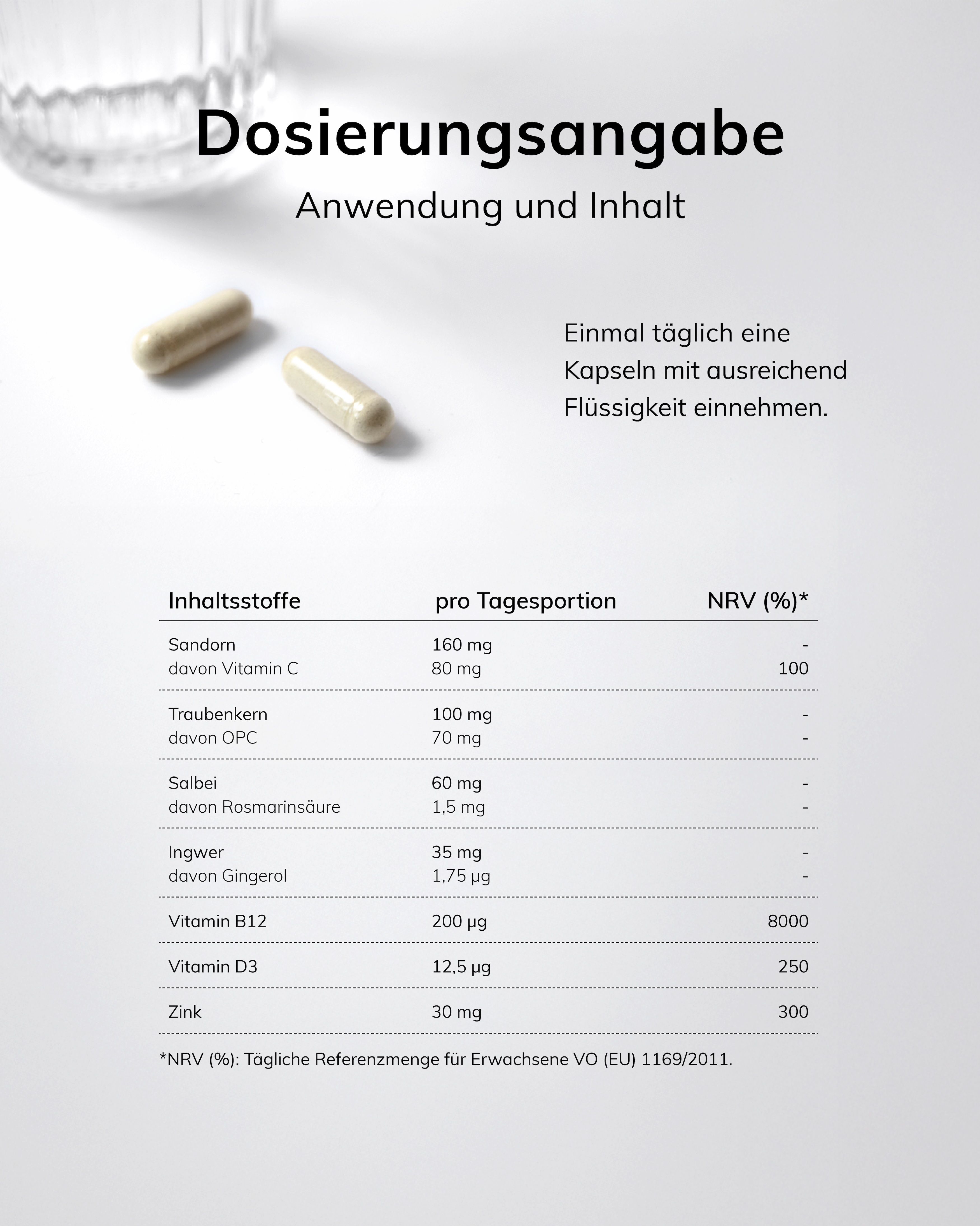 Deux gélules sont posées à côté d'un tableau d'ingrédients et de recommandations de dosage.