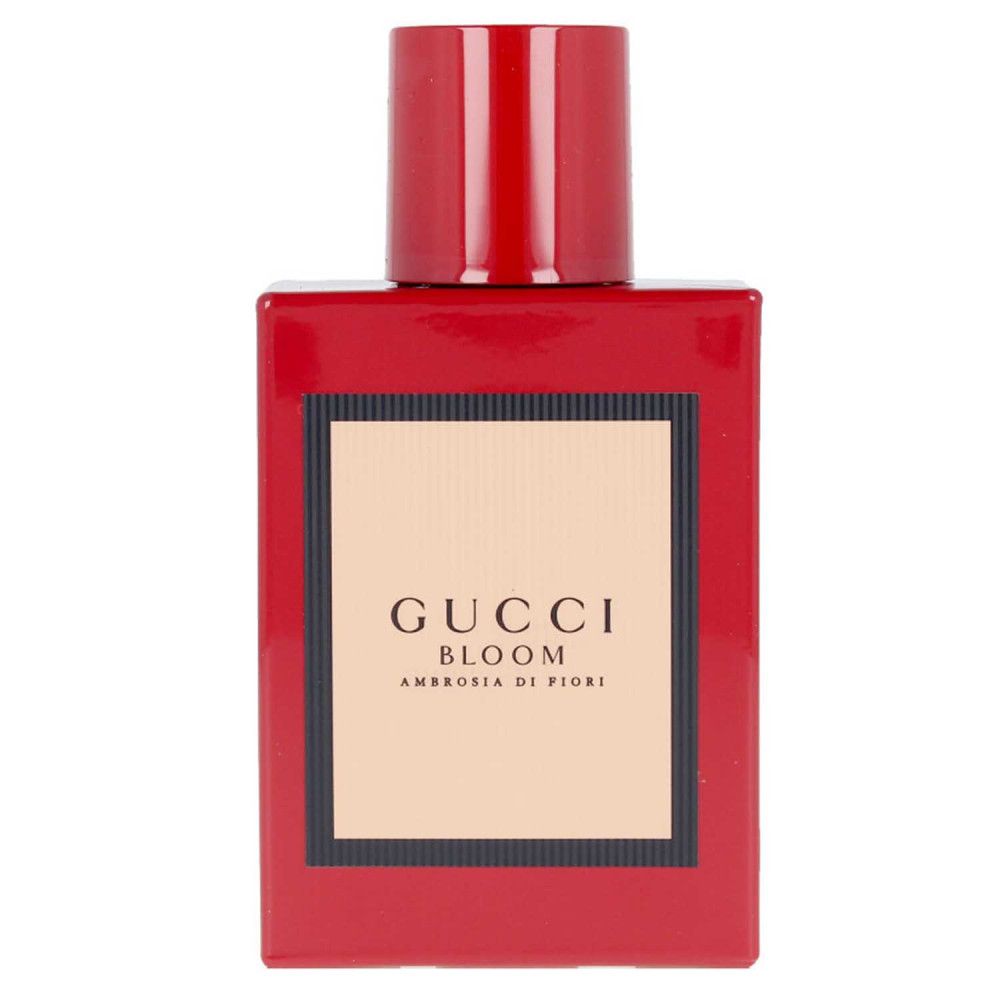 Rode vierkante flacon. Opschrift: Gucci Bloom Ambrosia di Fiori. Rode dop.