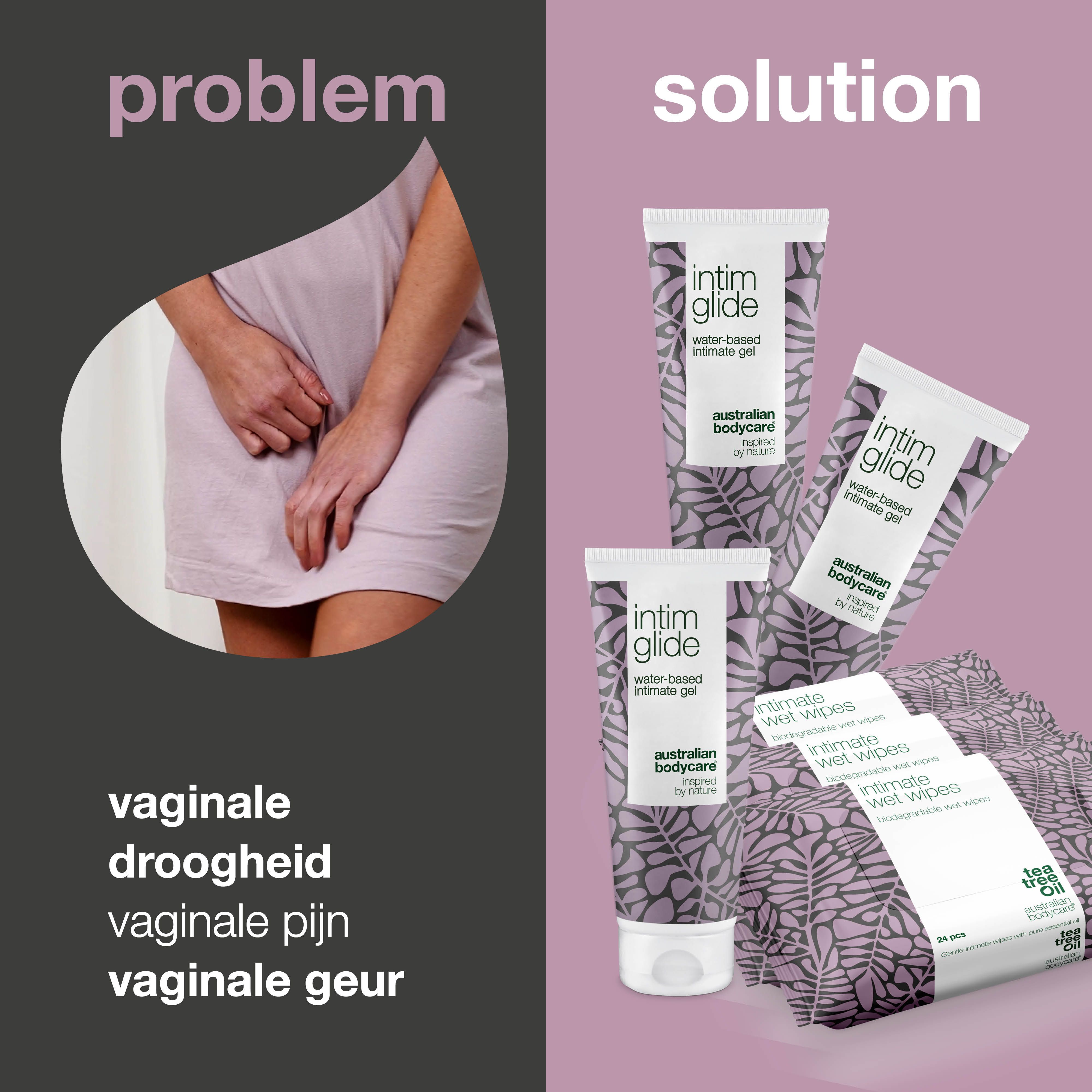 Grafiek: probleem en oplossing. Intieme gel en vochtige doekjes. Tekst: Vaginale droogheid, vaginale pijn, vaginale geur.