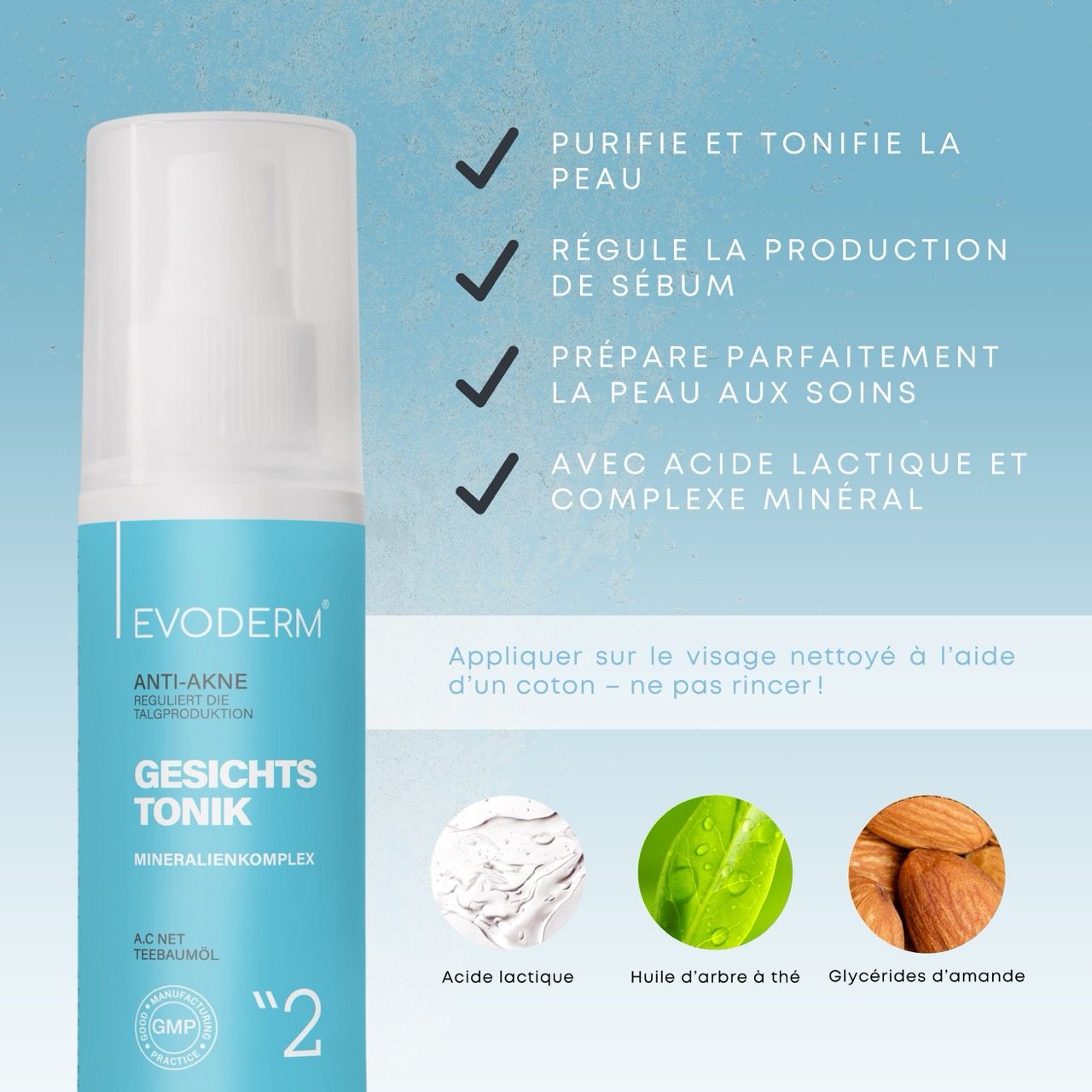 Trois produits : gel, tonique et sérum. Femme en arrière-plan. Texte : Soin anti-acné. Testé dermatologiquement.