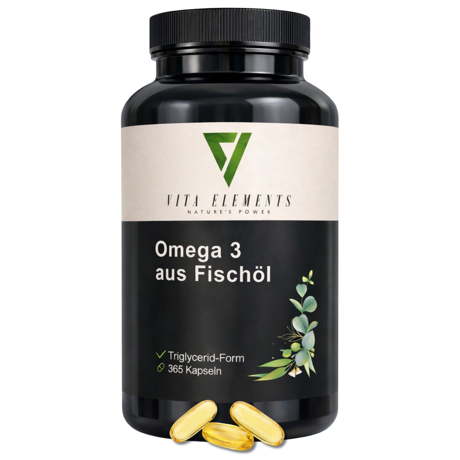 Zwarte pot met Vita Elements Omega 3 visolie capsules, 365 capsules.